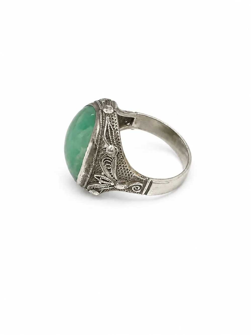 Antique Jadeite Silver Ring Green Jade Filigree Statement 8.21g